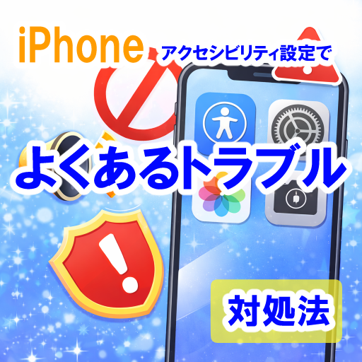 iPhoneのアクセシビリティ設定が原因で操作トラブルが起こることを示したイラスト