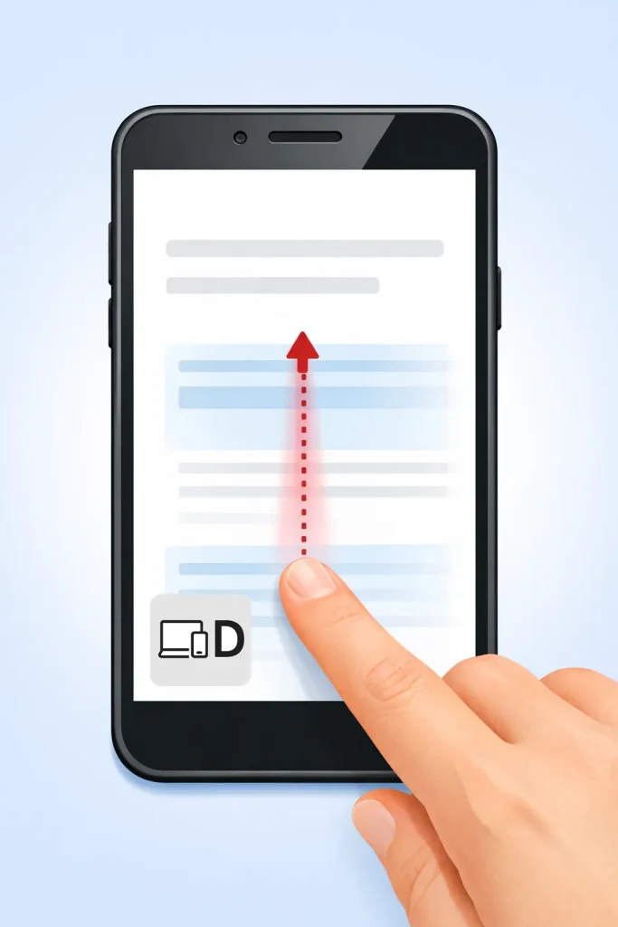 スマホ画面に指をつけたまま、ゆっくり上に動かすスライド操作のイメージ