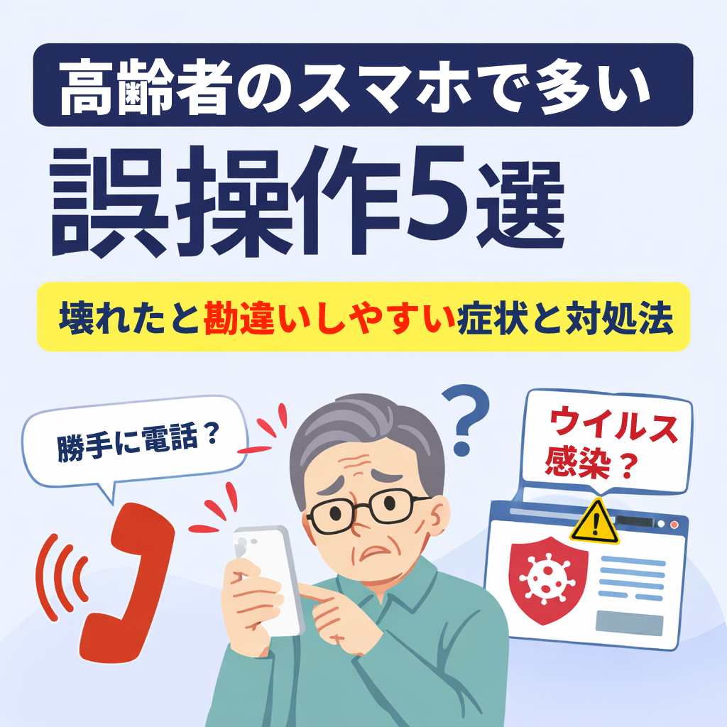 高齢者のスマホで多い誤操作5選を説明するイラスト