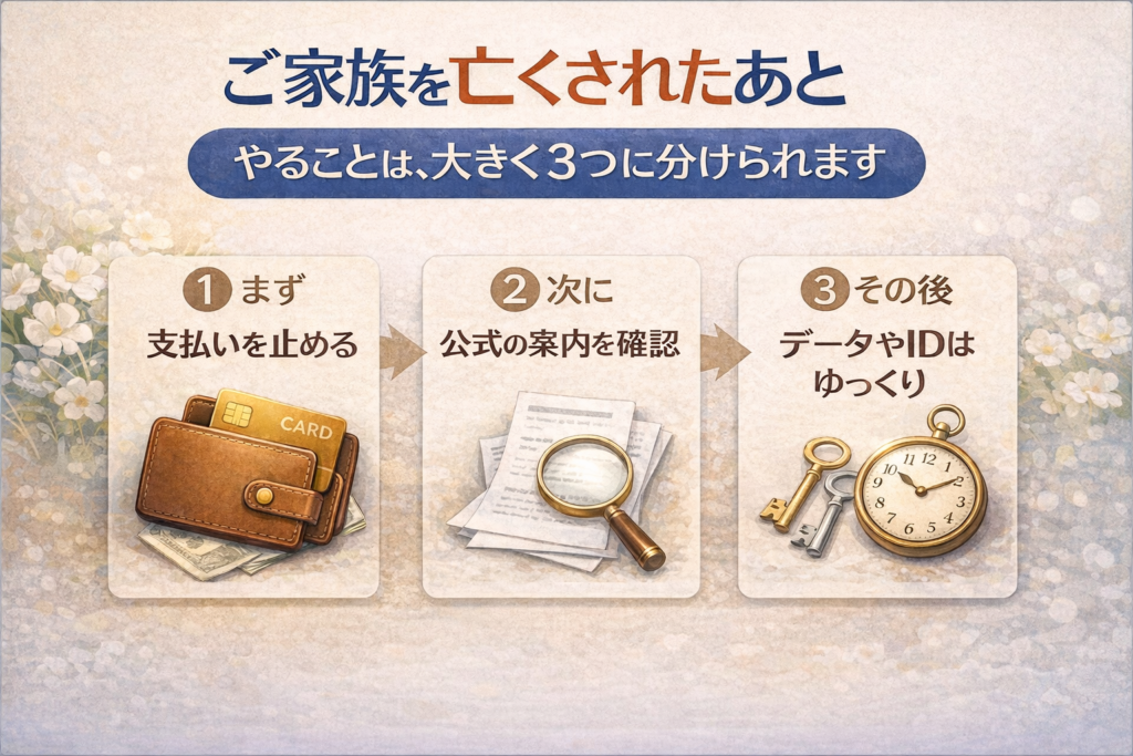 ご家族を亡くされたあと、スマホやサブスク対応を3つのステップで整理した図解