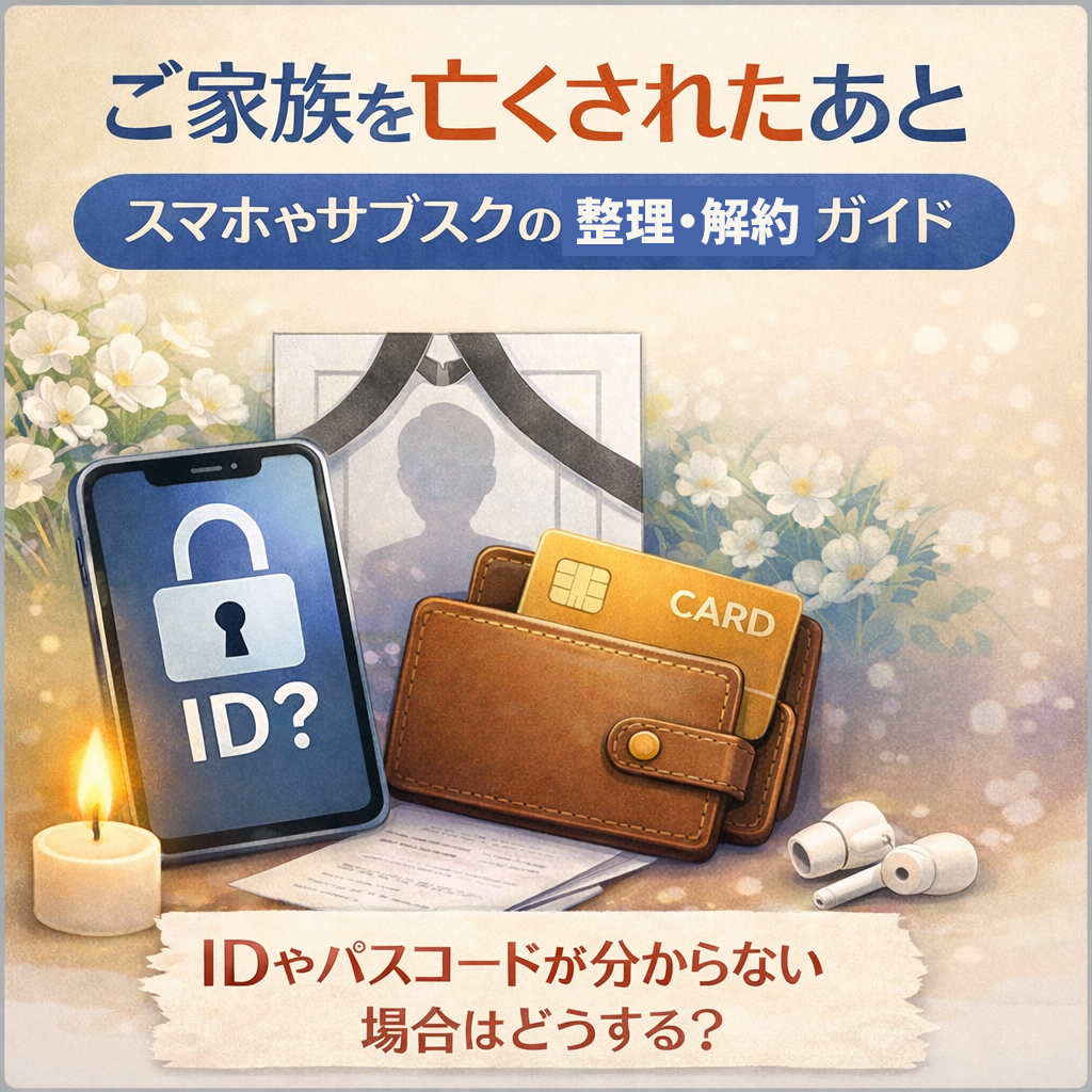 ご家族を亡くされたあと、スマホやサブスクの整理・解約について案内するイメージ画像