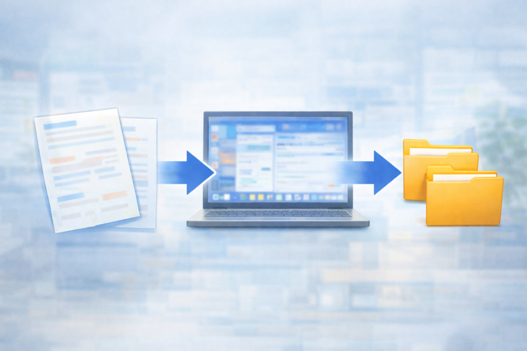 書類の情報がパソコン内で整理・移動されていく流れを表したイラスト