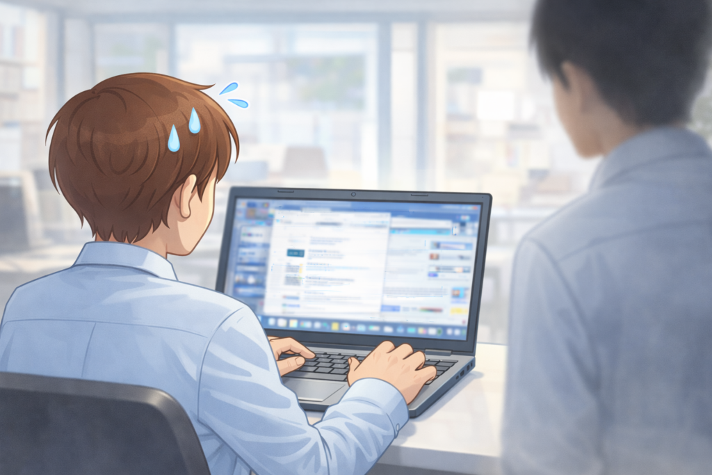 パソコン作業中の人物の背後から、別の人が近づいてきている様子を描いたイラスト