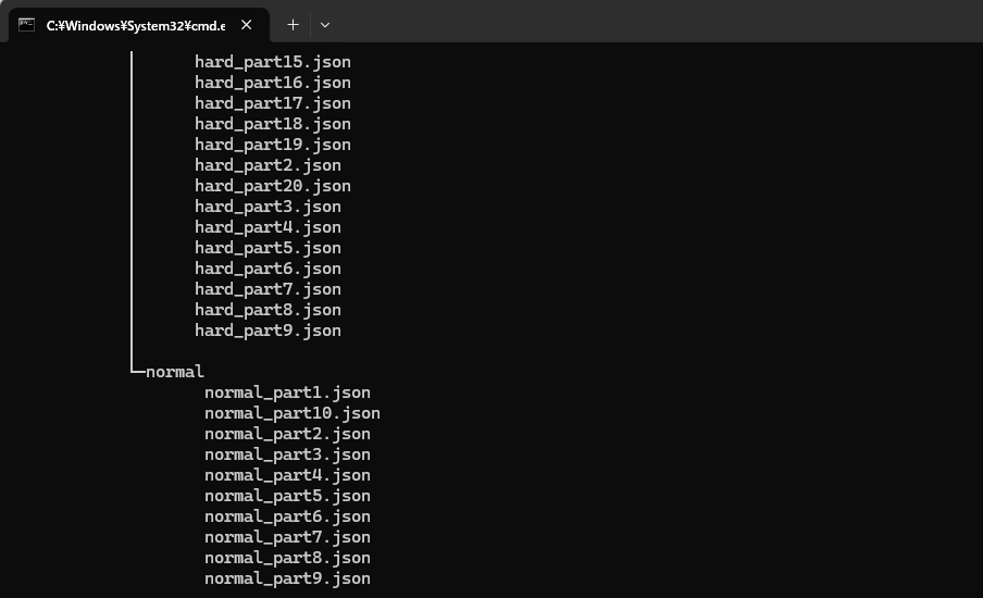 コマンドプロンプトでtree /fを実行し、フォルダとファイルの構成がツリー表示されている画面２