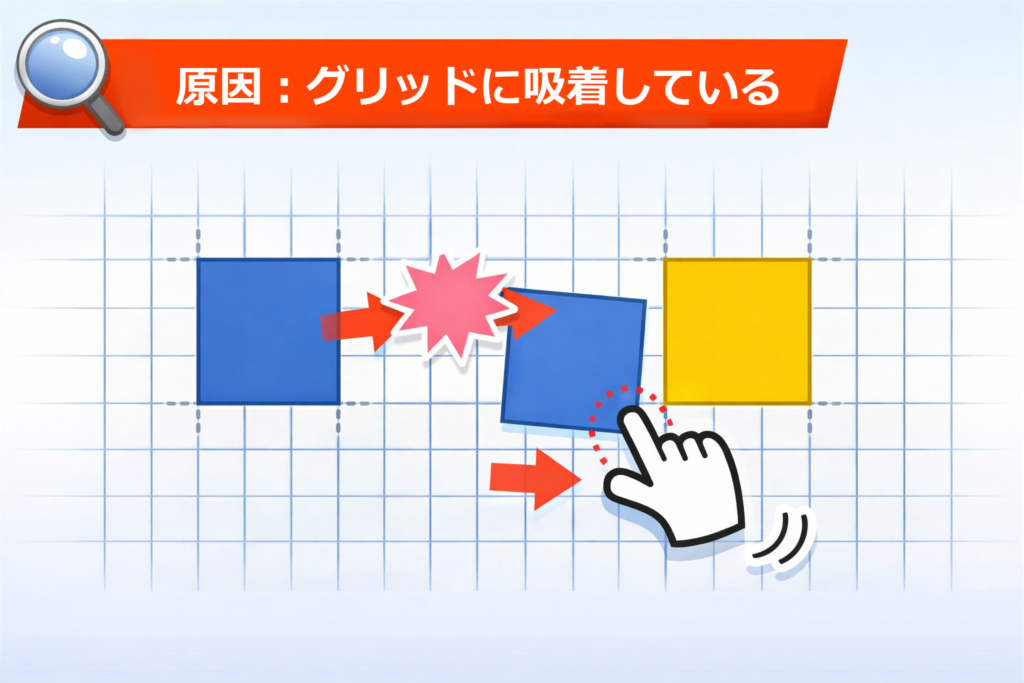 Wordで図形がグリッドに吸着して思った位置に移動できない状態のイメージ
