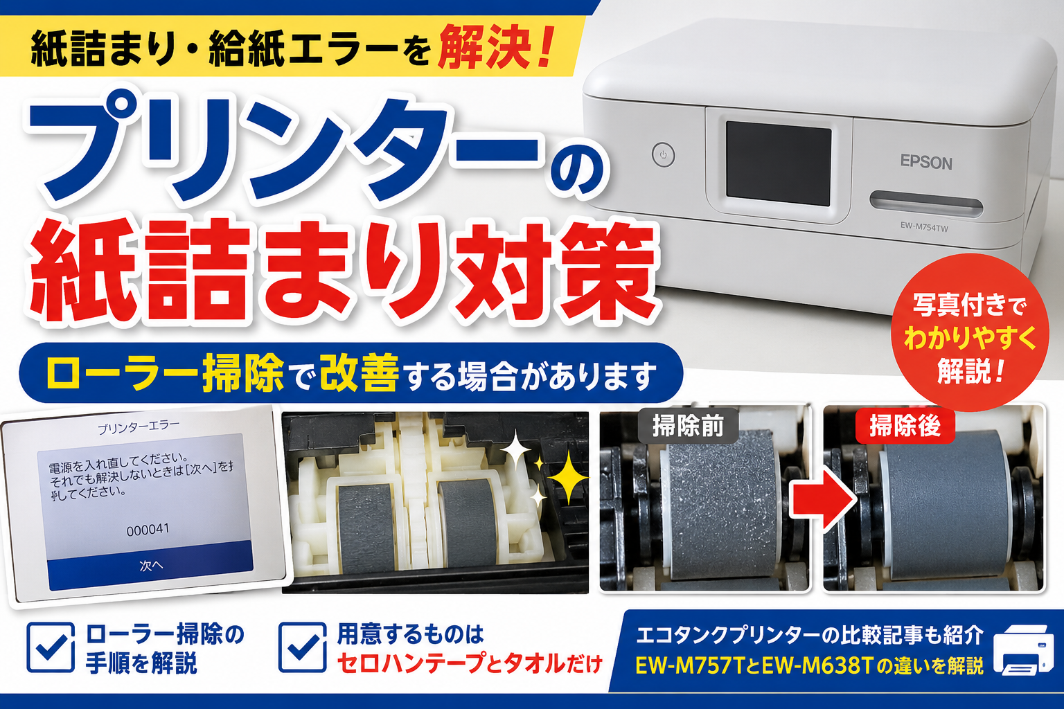 プリンターの紙詰まり対策とローラー掃除方法を解説したアイキャッチ画像