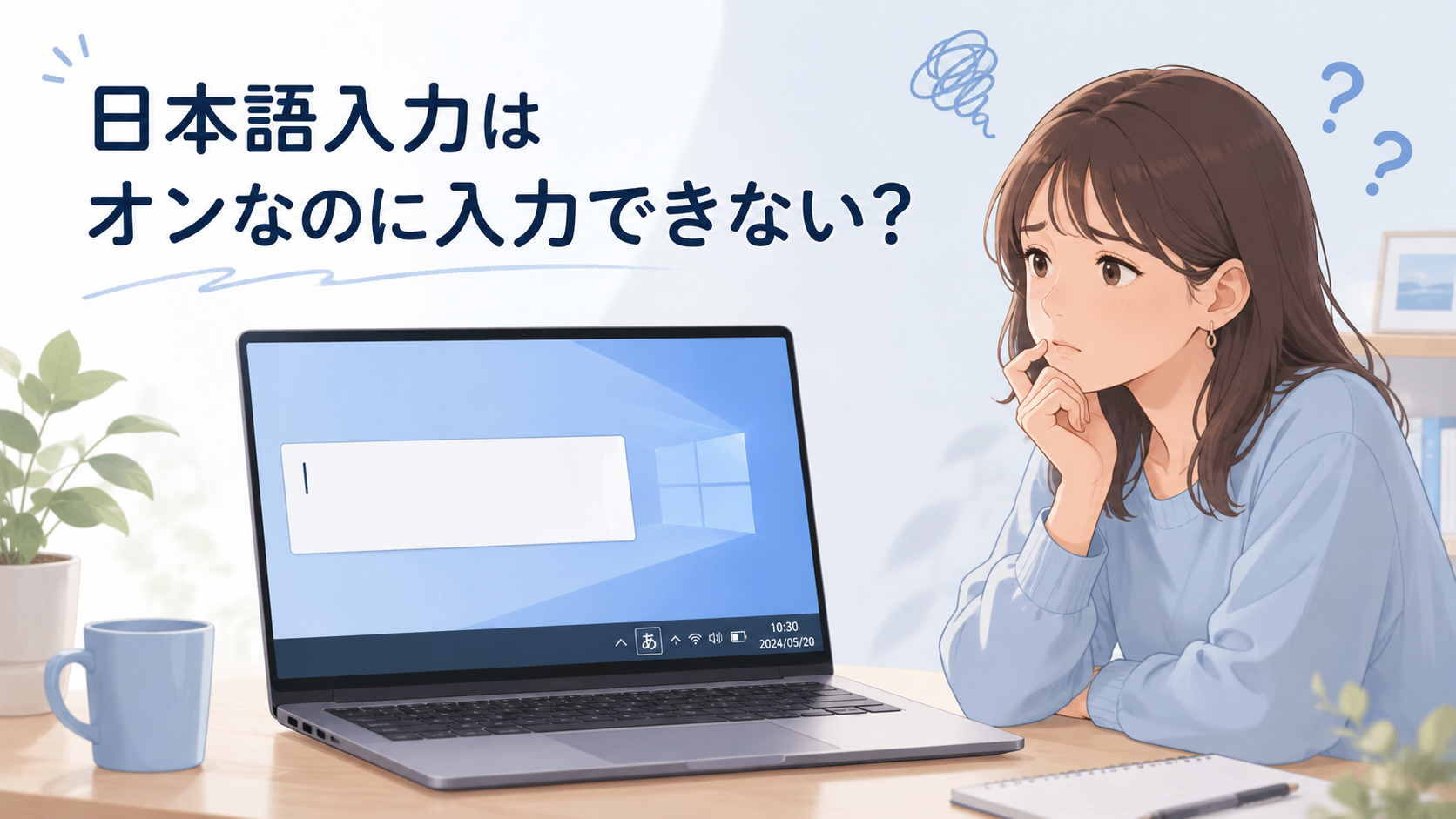 日本語入力がオンなのに文字が入力できず、パソコン画面を見て困っている女性のイラスト