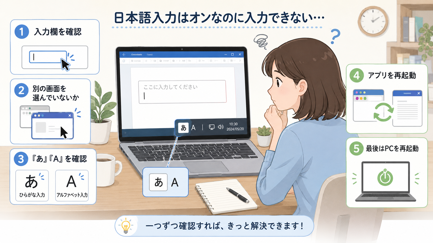 日本語入力がオンなのに日本語が入力できないときの確認手順をまとめたイラスト