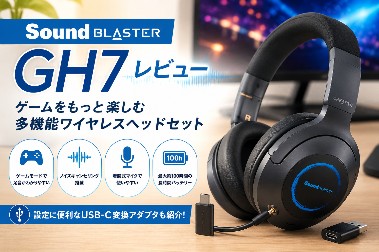 Sound Blaster GH7とUSB-C変換アダプタを紹介するレビュー画像